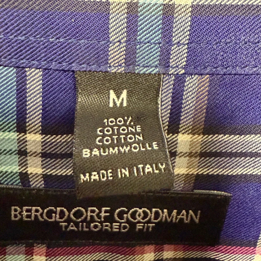 Bergdorf Goodman Tailored Fit Plaid Dress Shirt Mens Size M Made in Italy Cotton